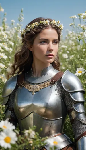Draw a woman in knight's armor surrounded by flowers. She looks to the side, she has a strong Nordic face with a steely gaze, and her hair is light and braided. She holds a sword in her hands, as if demonstrating it, she is calm, nothing worries her, she radiates confidence, as if she has won a thousand battles. She has a wreath of wild flowers on her head, interspersed with greenery, large flowers and buds also appear around her body, as if framing her body. The armor and armor sparkle in the sun, reflecting it as if through a haze, as if it is spring outside and everything is blooming. She seems to have stepped off the canvas of a great artist who captured her at the moment of triumph, she lies on a carpet of flowers, the entire background is flowers, light curls, the shiny blade of the sword is entwined with a liana
