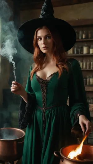 Die junge Renaissance-Hexe braute einen potenten Trank in einem alten Labor, mit hochwertigen Zutaten und einem schädelförmigen Kessel. Sie trug ein Netzkleid mit dünnen Beinen und stand in einem alten Labor, umgeben von
