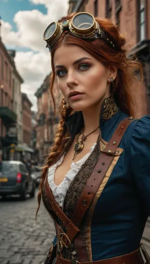 La regina dei pirati steampunk era sul tetto, i suoi occhi fissi sul cielo. Indossava un vestito rosa fluente con intricati modelli di pizzo e un mantello nero. I suoi capelli erano legati in una coda alta, e indossava un