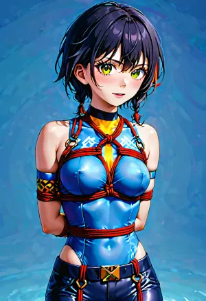 A girl wearing a Rope Arm Harness, admiring the intricate design of the harness and feeling the tension on her arms as she moves them around. She admires herself in the mirror, admiring how beautiful and artistic she looks while being fully
