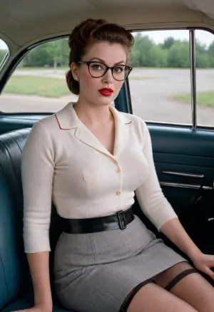 Busty 1950s housewife in her early 40s is in a car at a drive-in movie on a date. She is wearing a tight sweater, but some of its buttons are undone, showing cleavage. She is wearing a skirt and hose, and the skirt rides high on her thighs, showing a garter belt underneath. She wears glasses and has lipstick and her hair is just coming loose from a bun. She is being seduced. She realizes she should stop and is a little ashamed of herself, but she is too turned on.