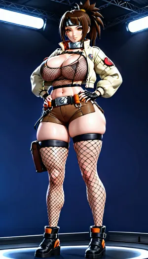 Anko Mitarashi, die verführerische und qualifizierte kunoichi von Naruto, gefüttert sexily für die Kamera in ihrer eng beige Jacke mit einem hohen Kragen, entwirft midriff, mesh Shirt, fishnet top, braune Shorts