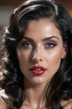 Женщина на картине — потрясающая красавица 1940-х годов с реактивно-черными волосами и золотым часовым макияжем, смотрящая на зрителя похотливыми глазами и полузакрытой экспрессией. У нее высокое разрешение, детальное обнаженное тело, которое подчеркивает ее