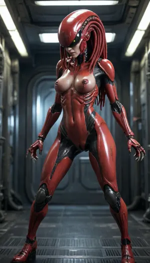 A garota andróide xenomorfo era um alienígena perfeito com longas pestanas e seios enormes. Ela tinha grandes mamas falsas e pênis enorme, fazendo-a parecer uma obra de arte viva. Seu corpo Android cyberpunk foi perfeito para o papel de