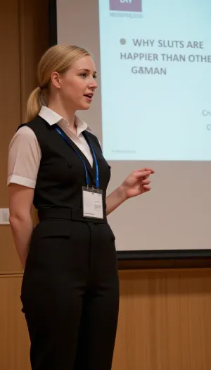The young Swedish woman with the ponytail, wearing a formal pantsuit, stands at the podium and begins her speech. She begins by introducing herself and explaining her topic for the day. Her voice is confident and clear as she speaks about the importance of