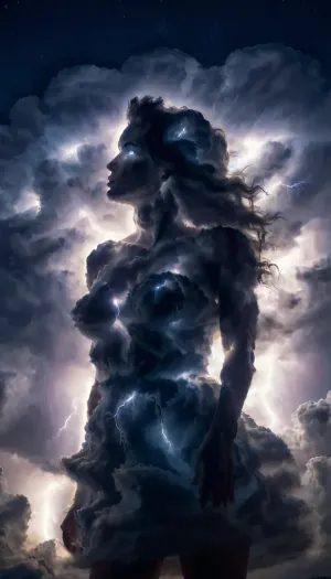 Martinius_Storm बादलों में एक युवा लड़की की आश्चर्यजनक तस्वीर, एक बिजली की तरह शरीर और चेहरे के साथ जो इसे कुछ से बचने के लिए संघर्ष कर रहा था, ने अपनी कहानी का सार कैप्चर किया