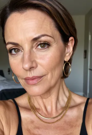 the most sexy mature, 50 years old, glamour, thin curvy, very small tits, small boobs, brunette, pixel very short hair, hoop earrings, gold necklace, small saggy tits, very saggy boobs tiny, very sexy and hot, looking at the camera, sexy naught face, cute horny, big black eyes, selfie picture, pointed nose