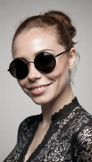 グレーのブラウスと黒のサングラスを着用し、白い背景の前で立っている円形のサングラスを持つロシア女性。 完璧な歯を見せてカメラで笑顔に。 彼女の周りの影は、神秘的で興味深く見えました