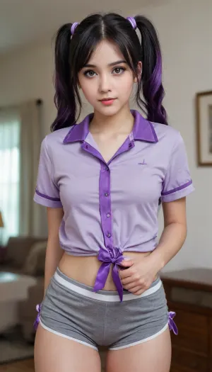 result_9, result_8, result_7, result_6, 1 girl, purple eyes, two ponytails, black hair, gray hair, long hair, purple ribbon, two-tone hair, wide hips, shirt, short shorts, laura, (Primite_hari, (torrent), , , Pony V0:1)