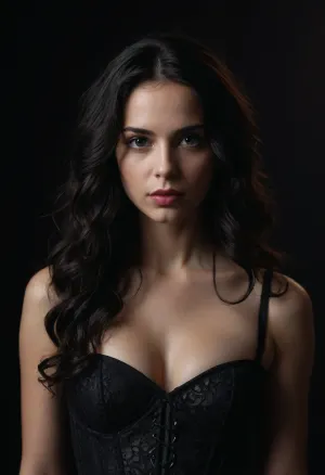 The image is a portrait of a young woman with long, wavy black hair. She is wearing an intricate black lace corset top and is standing in front of a black background. The woman is looking directly at the camera with a serious expression on her face. Her hair is styled in loose waves and falls over her shoulders. Minimalist moody chiaroscuro lighting creating a dramatic effect. The overall mood of the image is sensual and alluring., ZipRealism, <lora:dark:1.4>