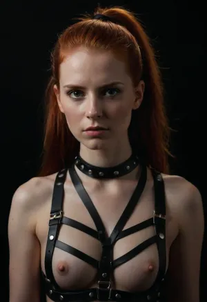 Görüntüdeki kadın bir deri kullanımı giyiyor ve siyah bir arka plan önünde duruyor. Saçları sıkı bir ponytail içinde dekore edilir ve omuzlarına düşüyor, izleyiciler için maksimum akustik yaratıyor