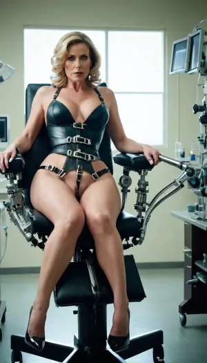 疯狂的科学家用高跟鞋和皮带在实验室折磨受害者,在用套带固定她的脚时拍下她暴露身体的照片