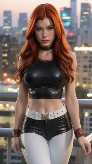 score_9, score_8_up, score_7_up, score_6_up, score_5_up, score_4_up, digital art, realistic, wearing a white cotton tank top, midriff, tight pants, black leather pants, wide hips, standing, cowboy shot, on a balcony at night with city on background, Marvel_Mary_Jane_Watson