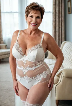 Eine 65-jährige, runde Bauch, plump, sexy und sexy reife Frau für ein Fotoshooting mit einem weißen Spitze String High Hips Bra und weißen Strümpfen. Sie hatte ein sehr sexy und sexy Gesicht mit ihrem braunen Pixie