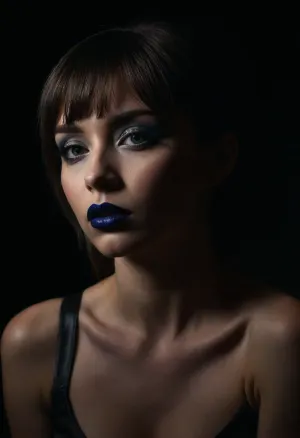 Una donna goth con occhi azzurri intensi e capelli jet-nero indossando un bustier in pelle nera chic, in piedi di fronte a uno sfondo nero con illuminazione minimalista chiaroscuro moody e un angolo olandese creando un effetto drammatico. Il suo trucco pesante