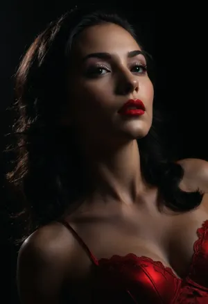 Una mujer joven con un vestido negro con pelo largo y maquillaje ahumado se encuentra frente a un fondo negro. Lleva lencería de seda roja intrincada y está de pie delante de un fondo negro. La iluminación es dramática, creando un chi de humor
