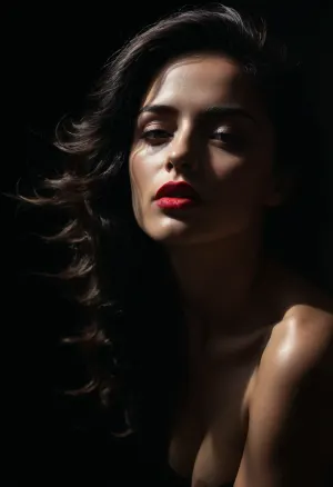 An intimate portrait of a young woman with long voluminous inky black hair falling over her shoulders in cascading waves. She is standing in front of a black background. Her sun bronzed skin makes her pale breasts stand out with sharp tanlines. Her heavy makeup is smokey and sultry while her bright red lipstick provides a shock of color. Minimalist moody chiaroscuro lighting and a Dutch angle creating a dramatic effect. She tilts her head back sighing out a puff of smoke. The overall mood of the image is sensual and alluring, with undertones of anticipation and desire., (black background, chiaroscuro lighting, Dutch angle:1.4), , ZipRealism, <lora:dark:1.4>