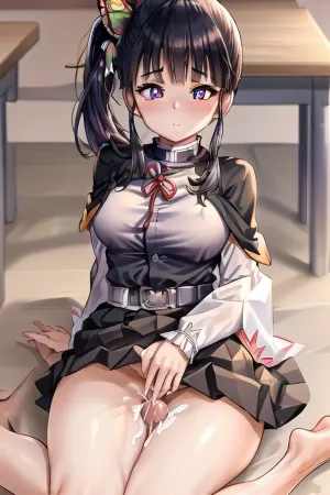 kanaotsuyuri, kanao tsuyuri, black hair, butterfly, butterfly hair ornament, (purple eyes:1.1), side ponytail, ponytail, BREAK black skirt, cape, demon slayer uniform, long sleeves, pleated skirt, skirt, white cape, BREAK looking at viewer, BREAK indoors, classroom, BREAK, (masterpiece:1.2), best quality, high resolution, unity 8k wallpaper, (illustration:.8), (beautiful detailed eyes:1.6), extremely detailed face, perfect lighting, extremely detailed CG, (perfect hands, perfect anatomy), (semen cover body:1.2), (naked breast, focus on breast:1.2), excessive, steaming, body, bukkake, cum, breastsout, (thigh sex:1.4), penis, <lora:kanaotsuyuritest:1>, <lora:bukkake-norm-1-000008:.3>, <lora:bukkake_1:.3>, <lora:breastsout24_rvkwi:.3>, <lora:thighjob_v2_b:.7>