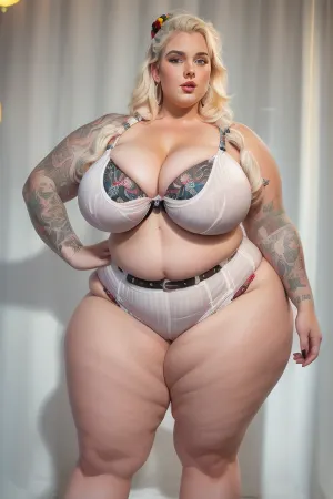 Curvy white chubby woman, realistic masterpiece, (a pinup nerd woman, tall, very strong, thick woman, wild style hair:1.1), tattoos, ((full body in frame:1.1)), textured pale skin, posing, 30 years old, beautiful, seductive, alluring, (((wearing relaxed clothes))), (perfect hands:1.2), high quality, colorful, neon, hands behind head, horny nerdy woman, only two legs, busty, wide hips, tooth gap, american, <lora:InsaneThiccnessV2:.5>
