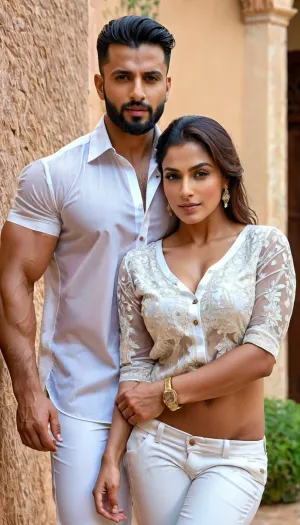 Junaid Khan, 40 ans, pose avec sa belle jeune femme d'origine indienne, qui a 25 ans de moins que lui. Le couple est vu embrasser passionnément contre un mur dans un studio et présente Junaid portant une chemise d'affaires et une