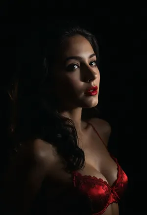 Молодая женщина на фотографии носит черный кружевной бюстгальтер и трусики, с длинными волосами, каскадирующими вниз по плечам. На ней тяжелый макияж, подчеркивающий ее чувственные губы и знойный взгляд. Освещение в комнате тусклое,