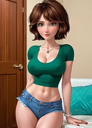 Aunt Cass from big hero 6, big breasts, very dark green T-shirt, micro daisy dukes, Hiro's room from big hero 6, short hair brunette, erect nipples, cleavage, 3/4 body view