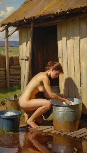 Painting of a 19 year old naked woman kneeling in front of a simple hut washing clothes in a washtub. William McTaggart Style, Oil Painted Poetry, face visible, Cinematic, dramatic, <lora:William McTaggart Style:1>