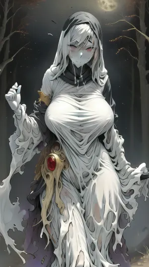 (Bukkake, thigh sex:1.4), masterpiece, best quality, ultra high res, beautiful, visually stunning, elegant, incredible details, award-winning art, g0s1, ghost, hood, torn cloak, faceless, nature, forest, night, fog, night sky, 1girl, solo, breasts, no humans, thigh, sex, penis, chibi, <lora:g0s1 - Ghost:.8>, <lora:thighjob_v2_b:.3>, <lora:PPGStyle-20:.2>