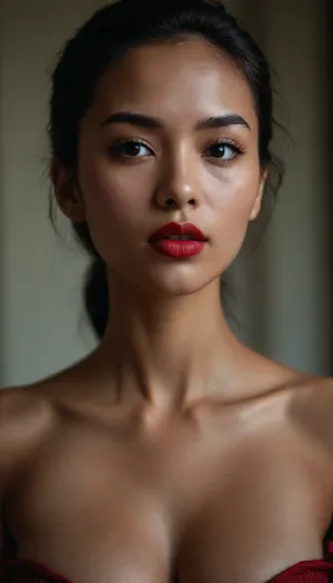 20yo, (face portrait), Chinese woman, medium build, big breasts, firm breasts, (tanned skin), (dark skin), flat wide nose, big full lips, wide mouth, long chin, thin eyebrows, dark red lipstick, perfect light