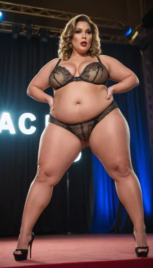 Chubby big milf on stage, fashion show, big tits, high heels, horny face, lingerie
