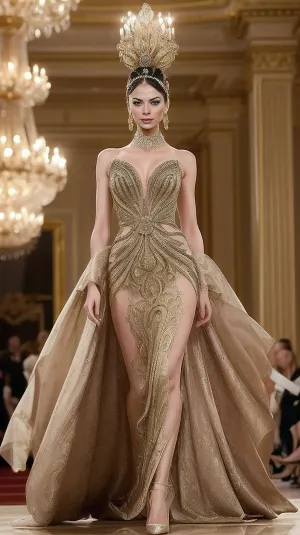 Create an image of a high-fashion runway show set in a grand, opulent ballroom with ornate chandeliers and luxurious decor. The scene captures a model exuding poise and elegance, striding confidently down the runway. She is dressed in a stunning, avant-garde gown that blends bold and beautiful elements with a touch of cultural chic. The gown features intricate patterns and rich textures, embodying a fusion of modern fashion-forward style and timeless natural elegance. The lighting casts a warm glow, highlighting the model's grace in motion and the luxurious details of her attire. The audience, dressed in sophisticated attire, watches in awe, adding to the royal vibes of the event. The overall mood is one of glamour and sophistication, celebrating beauty and style in a culturally rich and elegant setting.