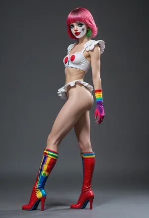 Canon_50mm_1, 2f, Full body, (IT clown), (clown costume), (overall clown costume), (tight clown costume), (gloves), (Colored gloves), (clown makeup), (detailed makeup), (detailed clown makeup), (high heals), (Colored high heals boots), (intense colors), (saturated colors), >-Short hair, (Short Textured Haircut), (2 color hair), (oval shape head), (round head), (high cheekbones), (beautiful face), (strong jawline), (Green eyes), (almond-shaped eyes), (long lashes), (tin eyebrows), ((full lips), (170cm high), ((slim, fit, physique), (edgy style), (Colored nails), (pretty nails), (cute nails.), (small breasts), (perky breasts), (flat stomach), (small ass), (round ass), (firm ass), (toned legs), (lean legs), (feminine legs), (well-defined feet)))