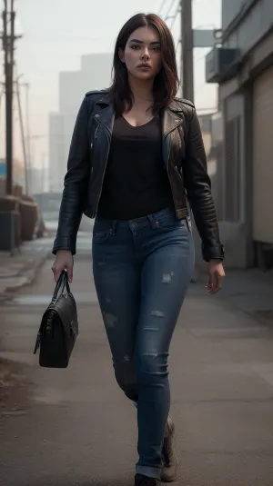 a photo of a beautiful S040_HannahGrape, (dark:1.2), wearing a dirty, (leather-jacket:1.1), and dirty, (jeans:1.1), (8k, RAW photo, best quality, ultra high res, photorealistic, masterpiece, ultra-detailed, Unreal Engine), <lora:S040_HannahGrape:.5>