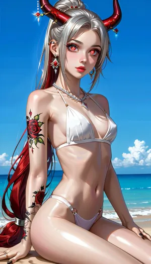 Very long hair ponytail, (Short Textured Haircut), (ruby Rose Hairstyle), (oval shape head), (round head), (feminine belly), (high cheekbones), (beautiful face), (strong jawline), (Beautiful glowing red eyes), (almond-shaped eyes), (long lashes), (tin eyebrows), ((full lips), (170cm high), ((slim body)), (dark nails), (silver necklaces and earrings), (tattoos), (tattoos 10% body), (small breasts), (perky breasts), (small ass), (round ass), (firm ass), (toned legs), (lean legs), (feminine legs), (well-defined feet)), frieren-aura, horns, <lora:add-detail-xl:2>, <lora:Colorful Hair Slider_alpha1.0_rank4_noxattn_last:2>, <lora:loraeyesxl:2>, <lora:DetailedEyes_V3:2>, <lora:aura-animagine:2>