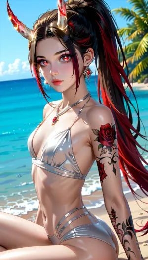 Very long hair ponytail, (Short Textured Haircut), (ruby Rose Hairstyle), (oval shape head), (round head), (feminine belly), (high cheekbones), (beautiful face), (strong jawline), (Beautiful glowing red eyes), (almond-shaped eyes), (long lashes), (tin eyebrows), ((full lips), (170cm high), ((slim body)), (dark nails), (silver necklaces and earrings), (tattoos), (tattoos 10% body), (small breasts), (perky breasts), (small ass), (round ass), (firm ass), (toned legs), (lean legs), (feminine legs), (well-defined feet)), frieren-aura, horns, <lora:add-detail-xl:2>, <lora:Colorful Hair Slider_alpha1.0_rank4_noxattn_last:2>, <lora:loraeyesxl:2>, <lora:DetailedEyes_V3:2>, <lora:aura-animagine:1>