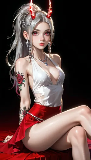 Very long hair ponytail, (Short Textured Haircut), (ruby Rose Hairstyle), (oval shape head), (round head), (feminine belly), (high cheekbones), (beautiful face), (strong jawline), (Beautiful glowing red eyes), (almond-shaped eyes), (long lashes), (tin eyebrows), ((full lips), (170cm high), ((slim body)), (dark nails), (silver necklaces and earrings), (tattoos), (tattoos 10% body), (small breasts), (perky breasts), (small ass), (round ass), (firm ass), (toned legs), (lean legs), (feminine legs), (well-defined feet)), frieren-aura, horns, pink, hair, purple, blue, eyes, multiple, braids, bare, shoulders, black, gloves, thighhighs, elbow, navel, cutout, white, skirt, red, cloth/skirt, cleavage, <lora:add-detail-xl:2>, <lora:Colorful Hair Slider_alpha1.0_rank4_noxattn_last:2>, <lora:loraeyesxl:2>, <lora:DetailedEyes_V3:2>, <lora:aura-animagine:1>