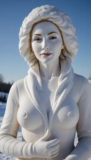 a snow sculpture of a 40 year old woman

No skin, only snow, completely made of snow