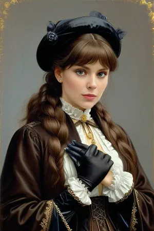 La giovane donna nella foto è vestita nell'ultima moda di abbigliamento femminile del 1880, con un cappotto decorato con pelliccia e nastri. Il suo look è regale, misterioso, e un po' triste come lei pone per un ritratto