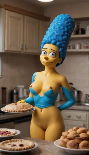 Marge Simpson stands naked in her kitchen baking pies.