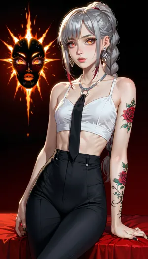 Very long hair ponytail, (Short Textured Haircut), (ruby Rose Hairstyle), (oval shape head), (round head), (feminine belly), (high cheekbones), (beautiful face), (strong jawline), (Beautiful glowing red eyes), (almond-shaped eyes), (long lashes), (tin eyebrows), ((full lips), (170cm high), ((slim body)), (dark nails), (silver necklaces and earrings), (tattoos), (tattoos 10% body), (small breasts), (perky breasts), (small ass), (round ass), (firm ass), (toned legs), (lean legs), (feminine legs), (well-defined feet)), (chainsaw_man\), makimacm44, ringed, yellow, eyes, red, long, hair, bangs, white, shirt, sidelocks, black, pants, braided, ponytail, necktie, <lora:add-detail-xl:2>, <lora:Colorful Hair Slider_alpha1.0_rank4_noxattn_last:2>, <lora:loraeyesxl:2>, <lora:DetailedEyes_V3:2>, <lora:makimacm44:1>