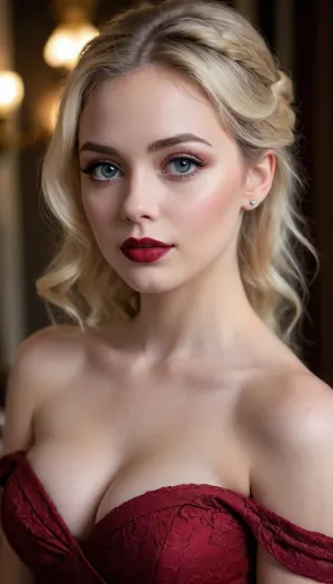 curvy princess flirting with you, off-shoulder dress, soft lips, dark red lipstick, mesmerizing eyes, big eyes, perfect eyes, long eyelashes, aroused face, wavy ponytail, blond hair, busty, 20 years old