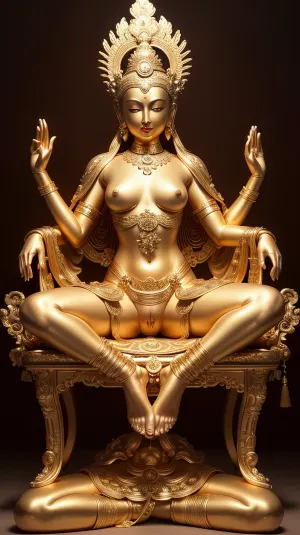 एक युवा आश्चर्यजनक चीनी महिलाओं की एक अत्यधिक विस्तृत, यथार्थवादी गोल्डन प्रतिमा bodhisattva Avalokitesvara एक कुर्सी पर बैठे उसके पैर चौड़ा खुला दिखा नग्न बिल्ली, नग्न बिल्ली, और चिकनी बनावट त्वचा। प्रतिमा से बना है