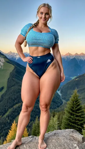 Woman, blonde, braids, 18 years old, full body view, smiling, curvy body, blue eyes, wearing traditional bavarian dress, fully clothed, bare foot, looking into distance, sunny, realistic face, (sweaty skin:1.3), waving, Standing, large, boobs, tits, a iPhone 15 Pro photo of a long blonde wavy hair German girl with an athletic, wasp waist, realistic quality, 8k, Perfect Light and shadow, standing in front of a mountain, full body view. huge perky tits, perfect boobs, huge ass, fit body, athletic legs, cute tall tall tall, perfect skin, photo, german girl, 1girl, cute face, big realistic blue eyes, edgy chin, prominent cheekbones, eyebrows, Wide hips, huge quads, GiganticBreatsXL, gigantic, huge, ass, breasts, big, hips, narrow, waist, <lora:bombshell_v2:.5>, <lora:uberfit_lora_sdxl:.5>, <lora:GiganticBreastsXLv1:.5>, <lora:BodyLicious:.7>