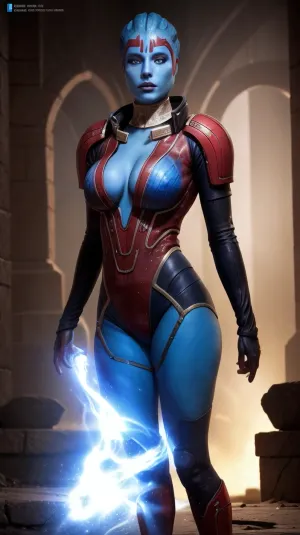 Nelle antiche rovine, una donna nuda con grandi seni e corpo pieno stava tenendo una fiamma blu nelle sue mani. Stava usando la sua foto generata dall'AI per creare un capolavoro che sarebbe professionalmente colorato, fuoco affilato e illuminazione cinematografica