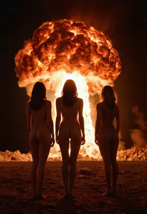 Deux femmes se tenaient dans la crainte de la vue devant elles, leurs yeux fixés sur la magnifique exposition du feu nucléaire. La chaleur qui émanait de l'explosion était intense, mais ils étaient ignorants à ce moment-là