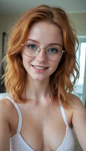 18 year old girl, babe face, ginger, freckles, smile, best quality, photorealism, masterpiece, ice blue eyes, messy hair, (white underwear), glasses, white t-shirt, taking selfie in mirror