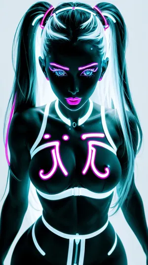 masterpiece, best quality, ultra high res, ultra detailed face, ultra detailed eyes, symmetrical eyes, realistic eyes, ultra detailed body, white neon makeup, ((white neon lipstick and eyebrows)), white neon tattoos, white neon nipples, white neon pussy, nude breasts, naked, 8k, beautiful, visually stunning, elegant, incredible details, award-winning painting, (dark art:1.1), deep shadow, (dark theme:1.2), white neon, full body, relaxed pose, big silicone white neon breasts, tiny hips, ((naked)), glowing, long hair, twintails, babe, egirl, lights, art, neon_outlines, <lora:n3on - Style:.5>, <lora:Neon_Babes:.5>, <lora:Neon Party:.5>, <lora:neolin3:.5>