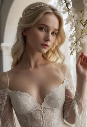 若い女性のエーテルの肖像画は、映画照明と超現実的な細部の傑作です。 彼女の磁器皮、花びらで覆われ、息を呑むような方法で光をキャッチします。 背景には、花の柔らかなカスケードが特徴