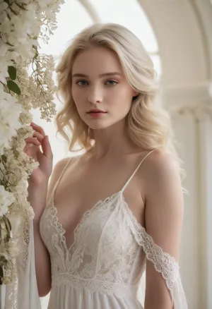 Il ritratto etereo della giovane donna è stato catturato con una tecnica di illuminazione cinematografica, evidenziando la sua pelle di porcellana e avvolto con un abito petalo-laden. Lo sfondo presenta una cascata morbida e intrecciata di fiori, e l'alto