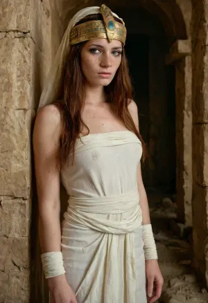 The young Egyptian girl with freckles and pale skin dressed in an Egyptian headdress like Cleopatra, wrapped in bandages, and wearing a dirty, dusty mummy wrapped in bandages. She was standing in front of a pyramid with